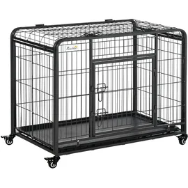 PawHut Transportbox Faltbarer Transportkäfig mit Rädern 2 abschließbare Türen und abnehmbares Tablett Metall Grau+Schwarz 94 x 58 x 69,5 cm