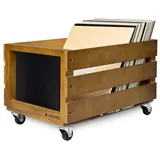 Navaris Holz Schallplatten Kiste mit Kreidetafel - mit Rädern - 42,9 x 34,4 x 28 cm - für bis zu 80 LPs - Vinyl Aufbewahrung Holzkiste - Braun
