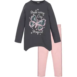 Langarmshirt & Leggings KIDSWORLD "2tlg. Set Shirt + Leggings mit Glitzerdetails", Mädchen, Gr. 116/122, rosa (rosa, anthrazit), Jersey, Obermaterial: 100% Baumwolle, mehrfarbig, bedruckt, modisch, KOB Set-Artikel, niedlicher Schmetterling für kleine Mädchen