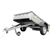 UNITRAILER Anhänger, verzinkt, 200 x 125 cm, Garten Trailer 201 Kipp [mit Stützrad und Flacher Abdeckplane, grau]