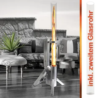 belavi Feuerrohr Feuersäule Feuer Fackel Edelstahl, Sicherheitsglas/Dekoratives Ambiente-Feuer für Terrasse und Garten Pelletfackel, einfache Montage KEIN SCHWEIßEN