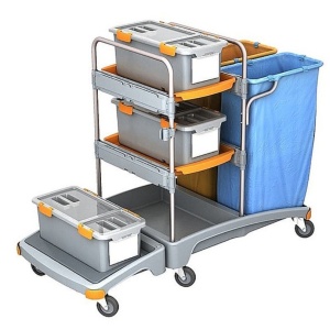 Cleankeeper Systemwagen II - 3, 3 Moppboxen (59,5x27,5x24), 2 Schalen (60x40,5x5), 1 Abfallsack 120l - blau, 1 Abfallsack 120l orange