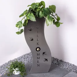 Außen Design Pflanzen Säule geschwungen Schwalben Willkommen Hof Blumen Topf Kasten Edelstahl Garten Deko