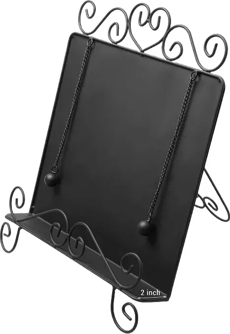 MyGift Schwarzer Metall-Kochbuchständer für die Küchenarbeitsplatte, Kochbuchhalter mit beschwertem Seitenhalter und Vintage-Scrollwork-Design
