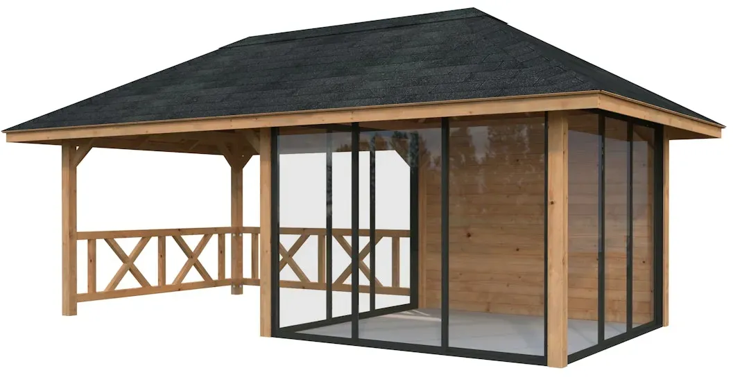 Palmako Pavillon Bianca 16,6 m2 Set 504 Slide Plus mit Isolierglas-Schiebetüren hellbraun tauchgrundiert