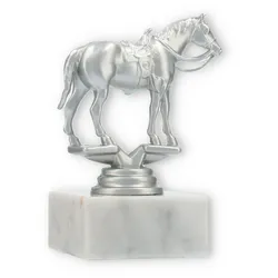 Pokal Kunststofffigur Westernreiten silbermetallic auf weißem Marmorsockel 12,3cm