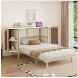 Flieks Schrankbett Wandbett Klappbett Holzbett Rattan-Design 140x200cm mit Staufächern beige