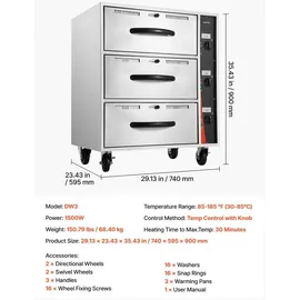 Vevor kommerzieller elektrischer Schubladenwärmer, Speisenwärmer aus Edelstahl mit 3 Schubladen, großer Temperaturbereich von 30–85 °C, für Restaurants, Hotelbuffets und Bäckereien