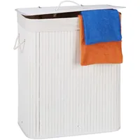 Relaxdays Wäschekorb Bambus mit Deckel, rechteckiger Wäschesammler, 2 Fächer, 95 l Volumen, faltbare Wäschebox, weiß