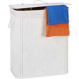 Relaxdays Wäschekorb Bambus mit Deckel, rechteckiger Wäschesammler, 2 Fächer, 95 l Volumen, faltbare Wäschebox, weiß