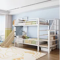 Hochbett Aus Metall Und Mdf Weiß 90x200 Cm Mit Rutsche, Stauraumtreppe Und Regalen