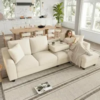 Merax L-Form Ecksofa 4 Sitzer, Chenille Sofa Mit Chaiselongue, Klappbare Rückenlehne, Getränkehalter, Bettkasten, Stauraum, Couch, Soffa, Beige - Beige