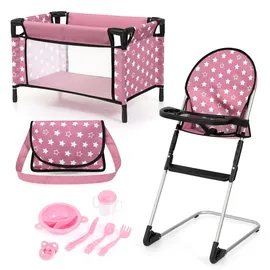Bayer Design Puppenzubehör-Set Puppenhochstuhl/Bett/Tasche/Schnuller Rosa