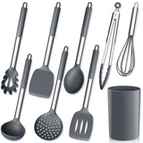 Herogo Küchenhelfer Set, 9 Stück Silikon Kochutensilien Kochbesteck Set mit Utensilienhalter, Grau Küchenutensilien Pfannenwender Set mit Edelstahlgriff, Hitzebeständiger & Antihaft