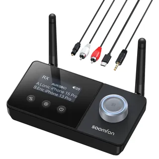 SOOMFON Bluetooth 5.3 Sender Empfänger für 2 Kopfhörer, 3-in-1 Bluetooth Audio Adapter mit Doppelantenne, Bluetooth Transmitter Receiver für TV/Stereoanlage, mit Lautstärkeregelung, Aux/Cinch/Optisch