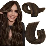 Moresoo Tressen Echthaar 40 cm Braun Haartressen Echthaar zum Einnähen Remy Echthaar Tressen Hair Extensions Dunkelstes Braun mit Hellbraun Unsichtbare 100g Doppelt Tressen #P2/8