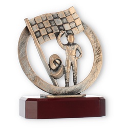 Pokal Zamakfigur Fahrer im Kranz altgold auf mahagonifarbenen Holzsockel 18,0cm
