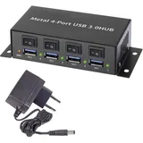 Renkforce 4 Port USB 3.2 Gen 1-Hub (USB 3.0) Metallgehäuse, einzeln schaltbar, zur Wandmontage Schwarz