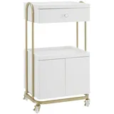 MCombo M Mcombo Servierwagen Mit Rollen & Schublade, Rollwagen Friseurwagen Weiß-gold, Salon Trolley Mit 2 Ablagen Und Schrank, Moderner Arbeitswagen Für Bad Wohnzimmer, 36x50x87cm, 0086