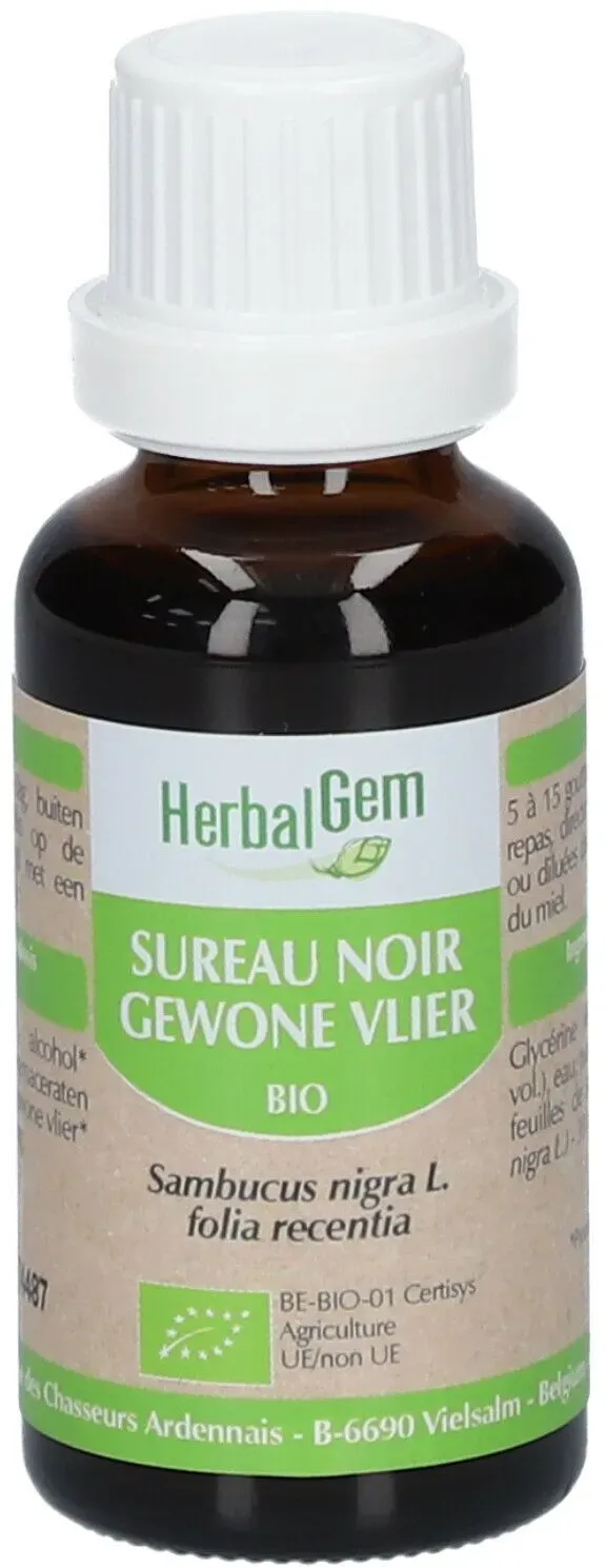 Herbalgem - Schwarzer Holunder Bio - Nahrungsergänzungsmittel - Frischer Knospen Extrakt - Reinigung, Ausscheidung, natürliche Abwehrkräfte, Antioxidant, Blutzucker, Gesundheit der Atemwege, stabiles Gewicht - - - 30 ml