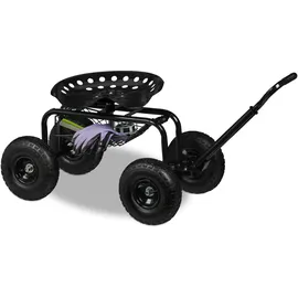 Relaxdays fahrbarer Gartensitz, höhenverstellbar, 150 kg, Stauraum, Rollsitz Gartenarbeit, Stahl, Luftreifen, schwarz