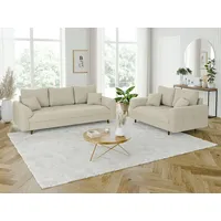 s-style möbel Odin - Polstergarnitur 3+2 mit Braun Holzfüßen im skandinavischen Stil aus Beige Cord-Stoff