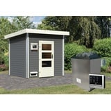 Woodfeeling Karibu Gartensauna Pultdach Saunahaus Norge terragrau Moderne Saunatür (Klarglas) 9 kW Ofen inkl. Steuergerät inkl. 8-teiligem gratis Zubehörpaket (Gesamtwert 191,92€)