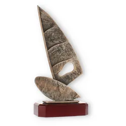 Pokal Zamakfigur Windsurfen altgold auf mahagonifarbenen Holzsockel 27,8cm