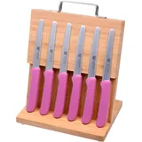 GRÄWE 6 Frühstücksmesser, Brötchenmesser, Tafelmesser, Spezial-Messerstahl, Messerblock mit Magnetplatte, Magnet Messerhalter Bambus, Edelstahlgriff, sichere Messeraufbewahrung, Pink