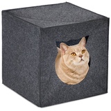 Relaxdays Katzenhöhle Filz, Katzenbox für Regal, quadratisch, HBT 33x33x33 cm, faltbar, Katzen & kleine Hunde, anthrazit