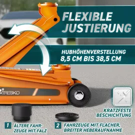 TRESKO TRESKO® Wagenheber hydraulisch 2,5T Hubhöhe 85-385mm mit Tragekoffer Hydraulik KFZ Rangierwagenheber flach für tiefergelegte Autos & 360° Rollen
