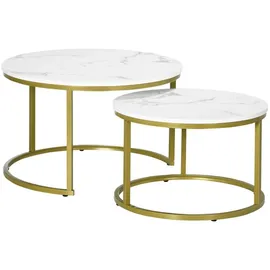 Homcom 2er-Set Couchtisch, Runder Beistelltisch, Kaffeetisch mit Stahlgestell in Gold, stapelbar Sofatisch mit Marmoroptik, für Wohnzimmer, bis 30 kg belastbar, Weiß