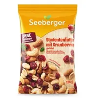 Seeberger Studentenfutter mit Cranberries: Nuss-Frucht-Mischung aus gerösteten Cashews, Mandeln und Erdnüssen - mit Cranberries - reich an Vitamin E, vegan (1 x 125 g) (Packung mit 3)