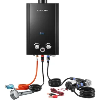 GASLAND BE264BQ120-DE Durchlauferhitzer, 10 Liter Gas Warmwasserbereiter mit Wasserpumpe für den Außenbereich, Butan (50 mbar)/Propan (50 mbar), für Camping, Wohnmobil, Scheune