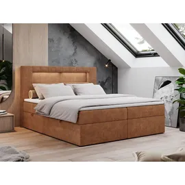 MKS Meble Boxspringbett 140x200 mit Led, Polsterbett mit LED Kopfteil - Multipocket-Matratze - Doppelbett - GOLD-5 - 140x200 - Orange - Struktur - H4 - Orange