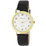 Excellanc Herren-Uhr Kunstleder Dornschließe Leuchtzeiger Analog Quarz 2900230 Schwarz weiß goldfarbig)