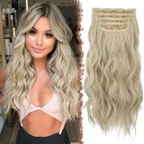 FESHFEN Clip in Extensions, 4PCS Haarverlängerungen mit Clips Synthetik Gewellte Haarextension Wavy Wellig Haar Extensions Clip in Haarteil für Frauen 50 cm, Hellbeige Blond Mix Creme Blond