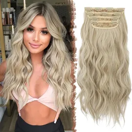 FESHFEN Clip in Extensions, 4PCS Haarverlängerungen mit Clips Synthetik Gewellte Haarextension Wavy Wellig Haar Extensions Clip in Haarteil für Frauen 50 cm, Hellbeige Blond Mix Creme Blond