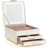 Songmics Schmuckkästchen mit Spiegel und Led-Leuchten, Schmuckkasten mit 3 Ebenen, 2 Schubladen, PU, schwebender Sockel, Geschenkidee, 23 x 23 x 14 cm, cremeweiß-goldfarben JBC169W01
