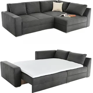 luma-home Federkern Ecksofa mit Schlaffunktion 260x181 cm Boxspring Topper Bettkasten, Ottomane links oder rechts montierbar, Mikrofaser Anthrazit Grau / 15107