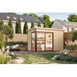 Gartenhaus NORDIC HOLZ "AUSTIN 2", beige (natur), Fußboden im Gartenhaus, Massivholzdach, Holz, Gartenhäuser