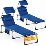 Casaria® 2er Set Sonnenliege Klappbar Wetterfest Alu Gartenliege Mit Dach Seitentasche Kissen Liegestuhl Leicht Garten Relaxliege Pool 2 Personen Blau