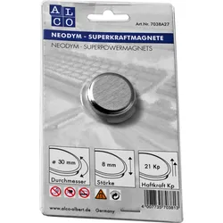 ALCO Superkraftmagnet Neodym Neodym (Nd) 30mm TG 21000 g silber gebürstet Packung mit 10 Stück
