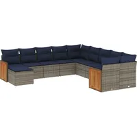 vidaXL 11-teiliges Gartensofa-Set mit Kissen, grau, Polyrattan - Grau