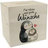 Pinguin Mutter und Kind Spardose aus Holz mit Spruch Für kleine und große Wünsche Liebevoll Sparen für Sohn Tochter Familienherz Taschengeld-Liebe