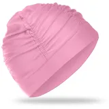 COMNICO Badekappen für Damen, Schwimmkappe Badekappe aus Nylonstoff Extra Große Badekappen Elastische Komfort Bademützen für Damen und Herren Sehr Langes Dickes Haar Behält die Frisur (Rosa)
