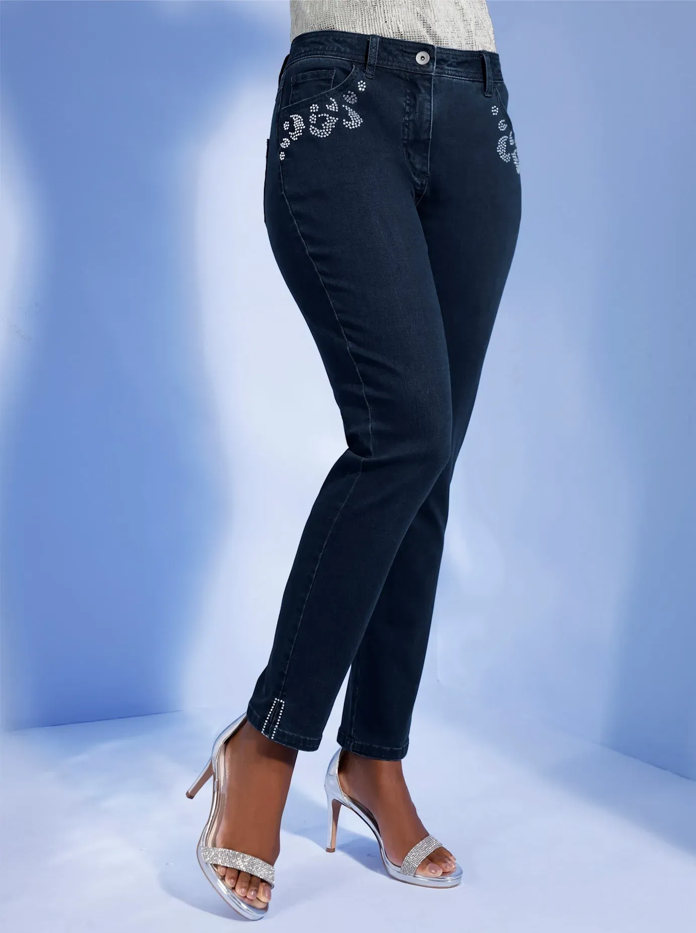 Bequeme Jeans CREATION L, Damen, Gr. 48, Normalgrößen, blau, stone, washed, 56% Baumwolle, 19% Polyester, 14% Lyocell, 10% Viskose, 1% Elasthan, unifarben, lang, Jeans