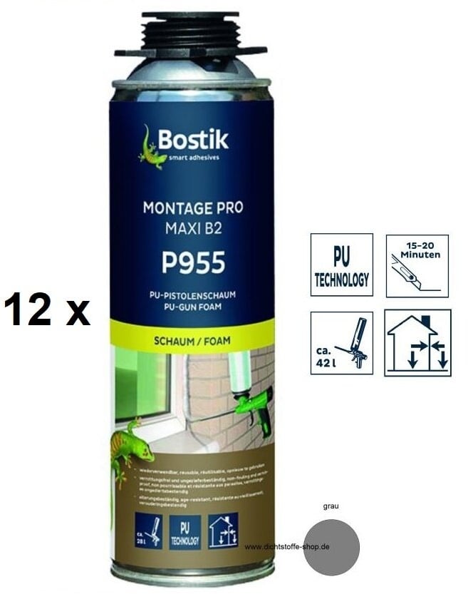 12 x Bostik Montage Pro Maxi B2 P955 1K PU-Polyurethan Schaum 500ml NBS Dose grau