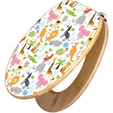 Banjado Design WC Sitz Bambus Toilettendeckel Toilettensitz Bambus Holz Klodeckel WC-Sitz Universal Scharnieren Motiv Fröhliche Tiere