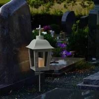 Grablaterne mit Mini LED Kerze Grablicht mit 2 wechselbarer Spitzen (kugel, Kreuz) und Erdspieß Grableuchte Grablampe Friedhofslaterne Gartenlaterne weiß (Laterne mit Kerze/Typ5)